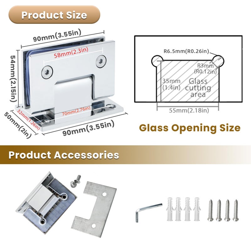 Alise Glass Shower Door Hinges,90 Degree Shower Door Hinges for Bathroom Doors,Heavy Duty Stainless Steel Wall to Glass Frameless Shower Doors Hardware Replacement Part,Polished Chrome (1P) - Image 2